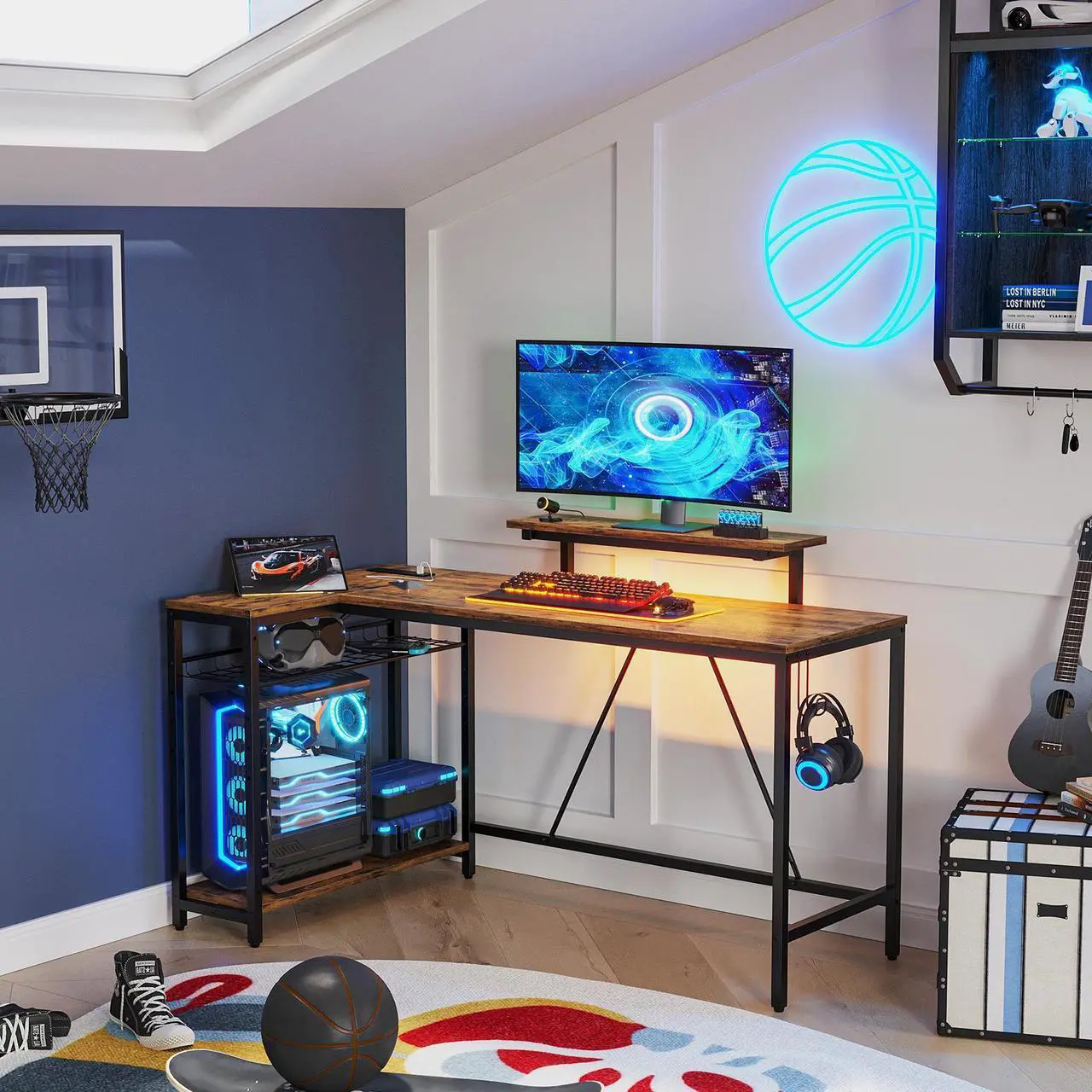 Alt view image 5 of 7 - Bestier 58" Gaming Desk with Power Outlet & USB Ports, Reversible Small L Shaped Computer Desk with LED Strip & Headset Hooks for Home Office, Rustic Brown