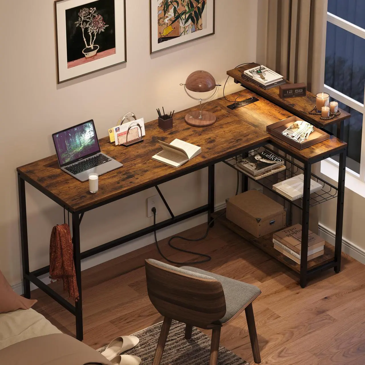 Alt view image 4 of 7 - Bestier 58" Gaming Desk with Power Outlet & USB Ports, Reversible Small L Shaped Computer Desk with LED Strip & Headset Hooks for Home Office, Rustic Brown