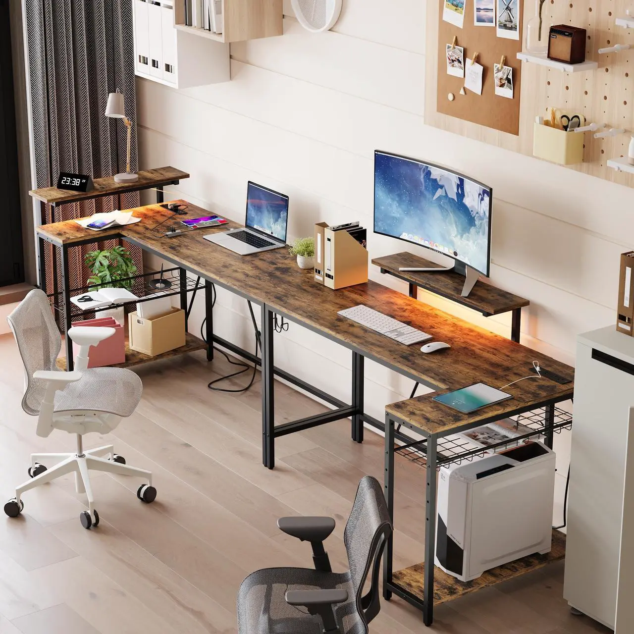 Alt view image 6 of 7 - Bestier 58" Gaming Desk with Power Outlet & USB Ports, Reversible Small L Shaped Computer Desk with LED Strip & Headset Hooks for Home Office, Rustic Brown