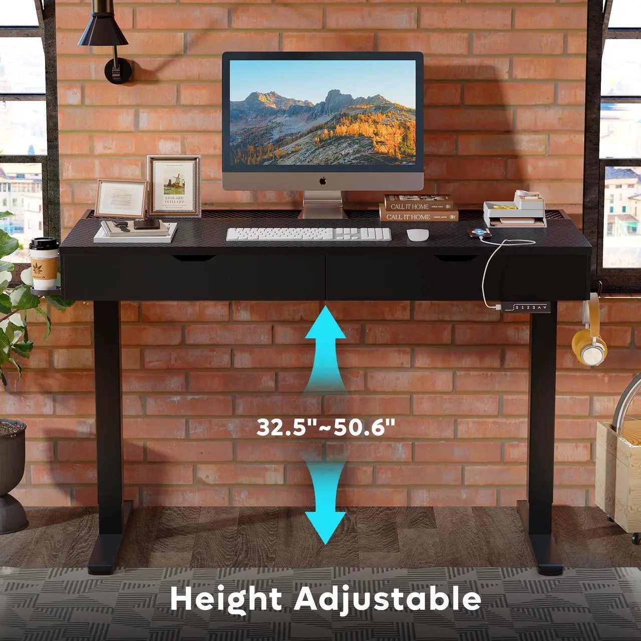Alt view image 5 of 7 - Bestier 47 Inch Electric Standing Desk, Adjustable Height Computer Desk with Drawer & RGB Lights for Home Office, Carbon Fiber Black