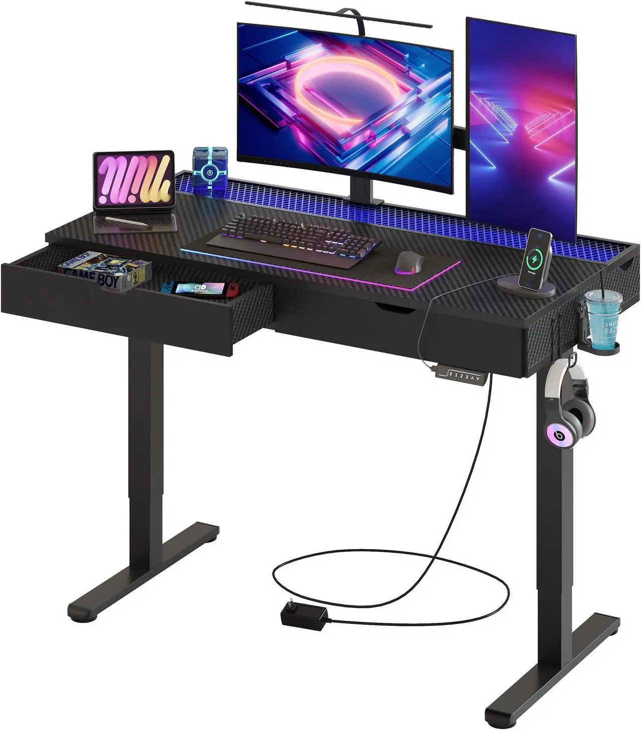 Main image of Bestier 47 Inch Electric Standing Desk, Adjustable Height Computer Desk with Drawer & RGB Lights for Home Office, Carbon Fiber Black