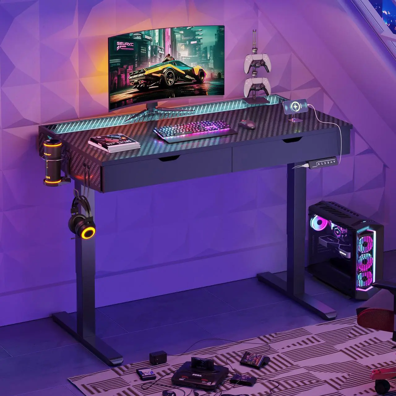 Alt view image 2 of 7 - Bestier 47 Inch Electric Standing Desk, Adjustable Height Computer Desk with Drawer & RGB Lights for Home Office, Carbon Fiber Black