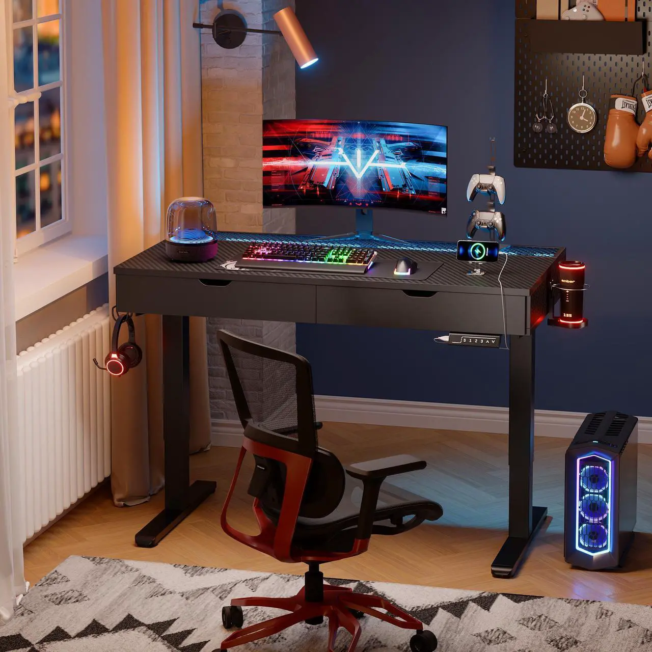 Alt view image 6 of 7 - Bestier 47 Inch Electric Standing Desk, Adjustable Height Computer Desk with Drawer & RGB Lights for Home Office, Carbon Fiber Black