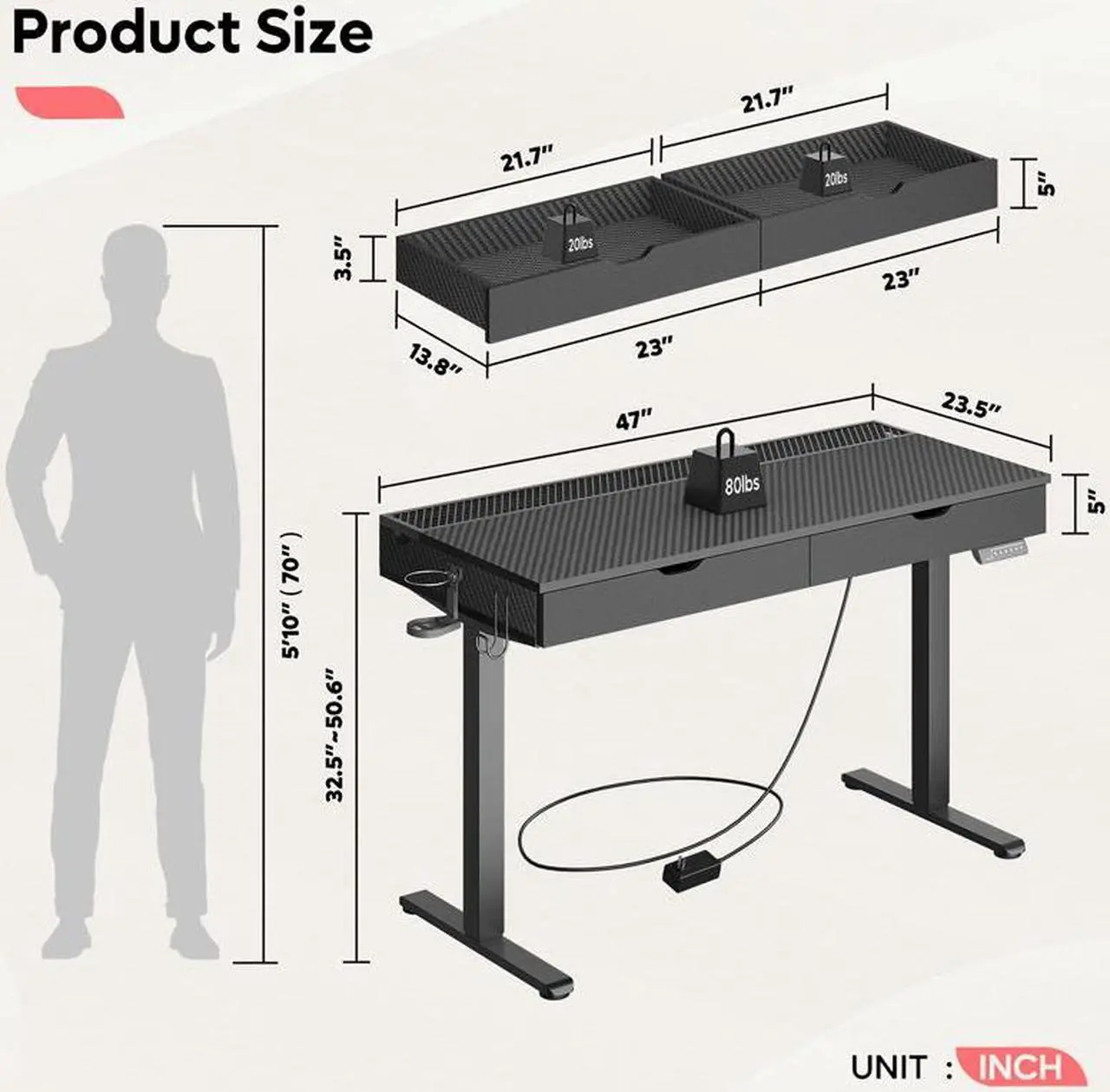 Alt view image 7 of 7 - Bestier 47 Inch Electric Standing Desk, Adjustable Height Computer Desk with Drawer & RGB Lights for Home Office, Carbon Fiber Black