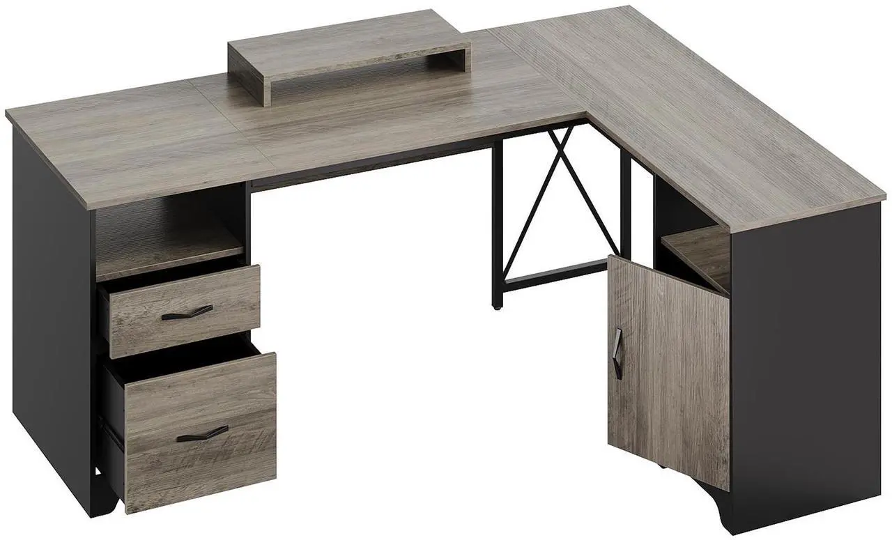 Alt view image 2 of 7 - Bestier 63'' L Shaped Home Office Desk with File&Storage Drawers and Cabinet,Corner Computer Desk with Monitor Stand and Open Compartments,Gray