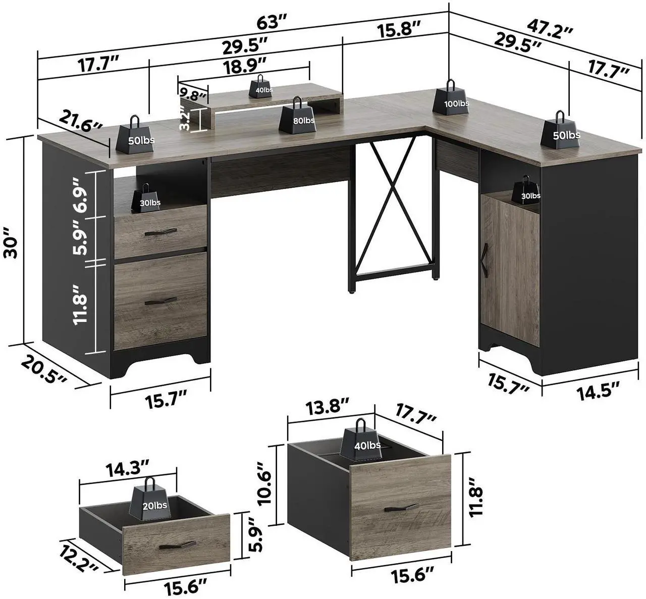 Alt view image 3 of 7 - Bestier 63'' L Shaped Home Office Desk with File&Storage Drawers and Cabinet,Corner Computer Desk with Monitor Stand and Open Compartments,Gray