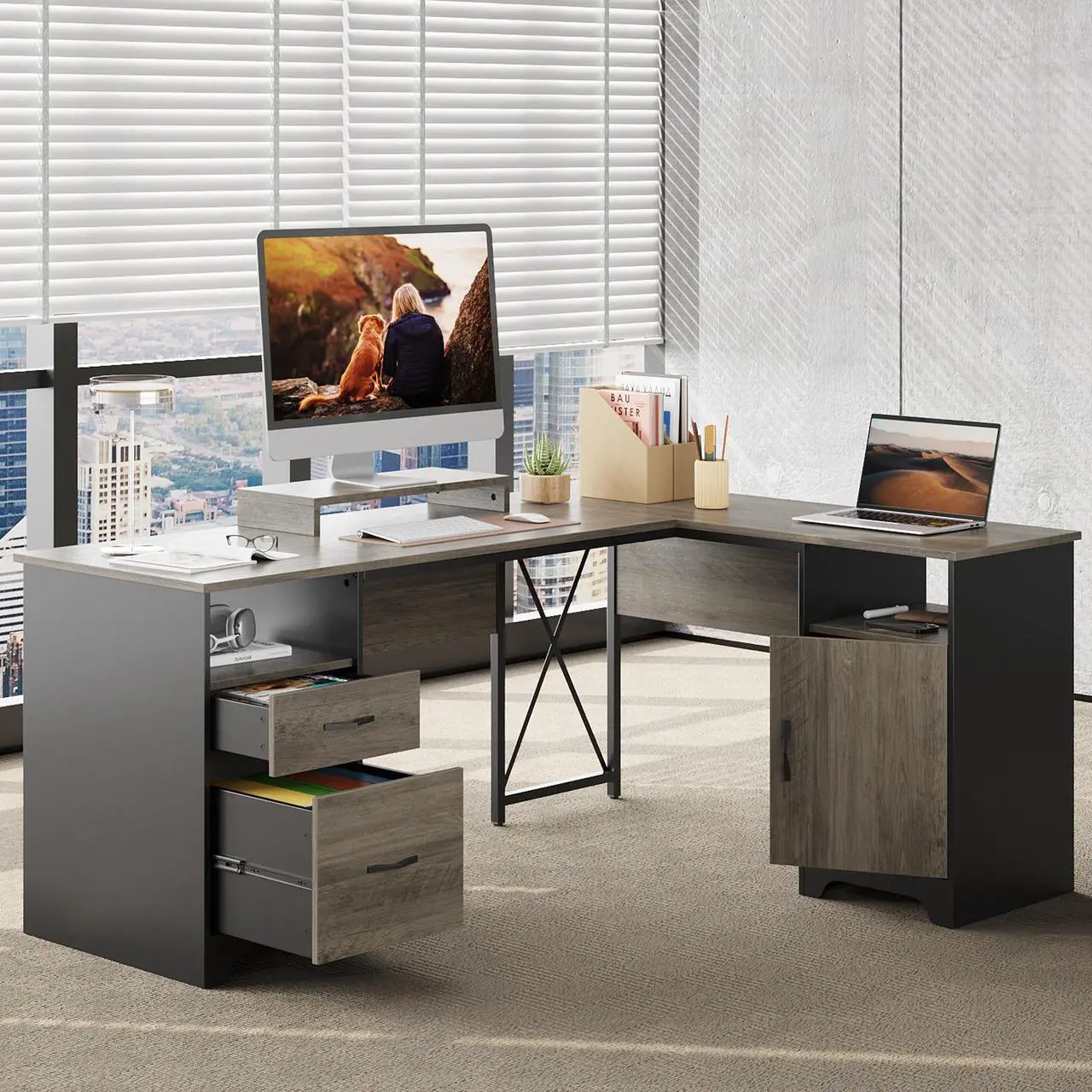 Main image of Bestier 63'' L Shaped Home Office Desk with File&Storage Drawers and Cabinet,Corner Computer Desk with Monitor Stand and Open Compartments,Gray