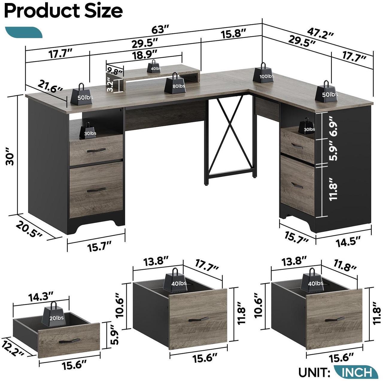 Alt view image 3 of 7 - Bestier 63 L Shaped Desk with 2 File Drawers & Monitor Stand, Reversible Computer Desk with 4 Storage Drawers, Home Office Desk, Corner Desk Gray