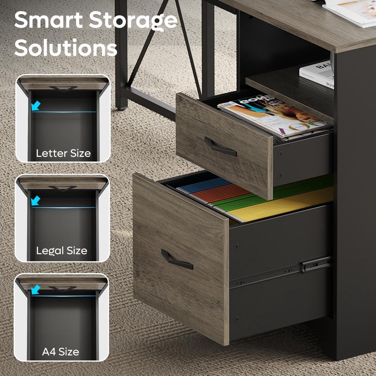 Alt view image 6 of 7 - Bestier 63 L Shaped Desk with 2 File Drawers & Monitor Stand, Reversible Computer Desk with 4 Storage Drawers, Home Office Desk, Corner Desk Gray