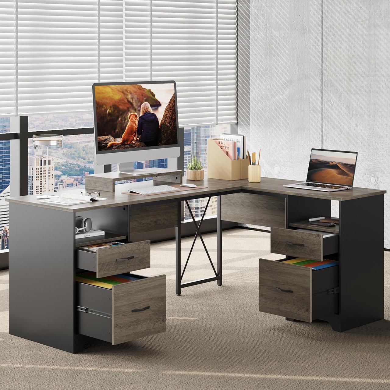 Main image of Bestier 63 L Shaped Desk with 2 File Drawers & Monitor Stand, Reversible Computer Desk with 4 Storage Drawers, Home Office Desk, Corner Desk Gray