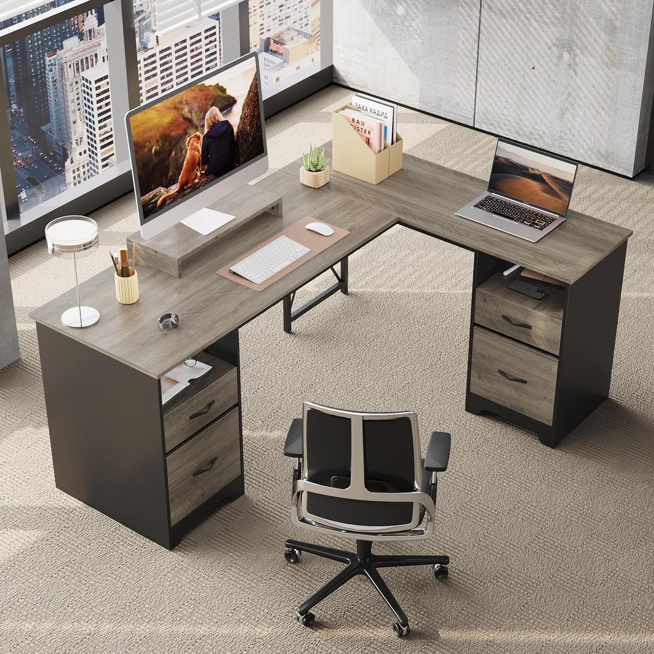 Alt view image 4 of 7 - Bestier 63 L Shaped Desk with 2 File Drawers & Monitor Stand, Reversible Computer Desk with 4 Storage Drawers, Home Office Desk, Corner Desk Gray