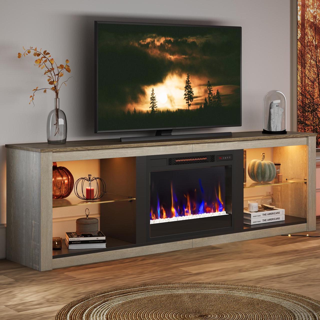 Alt view image 7 of 7 - Bestier Fireplace Tv Stand with LED Glass Shelves Media Console Entertainment Gaming Center Heater Inside for Up to 75" Tvs White