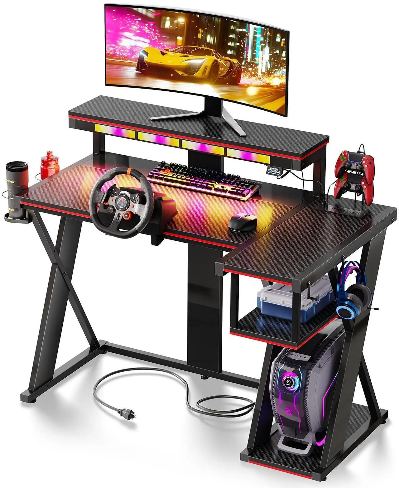 Alt view image 2 of 7 - Bestier 41.6 L Shaped Gaming Desk with LED Monitor Stand and Power Outlet,Headphone Hooks and Cup Holder,Black