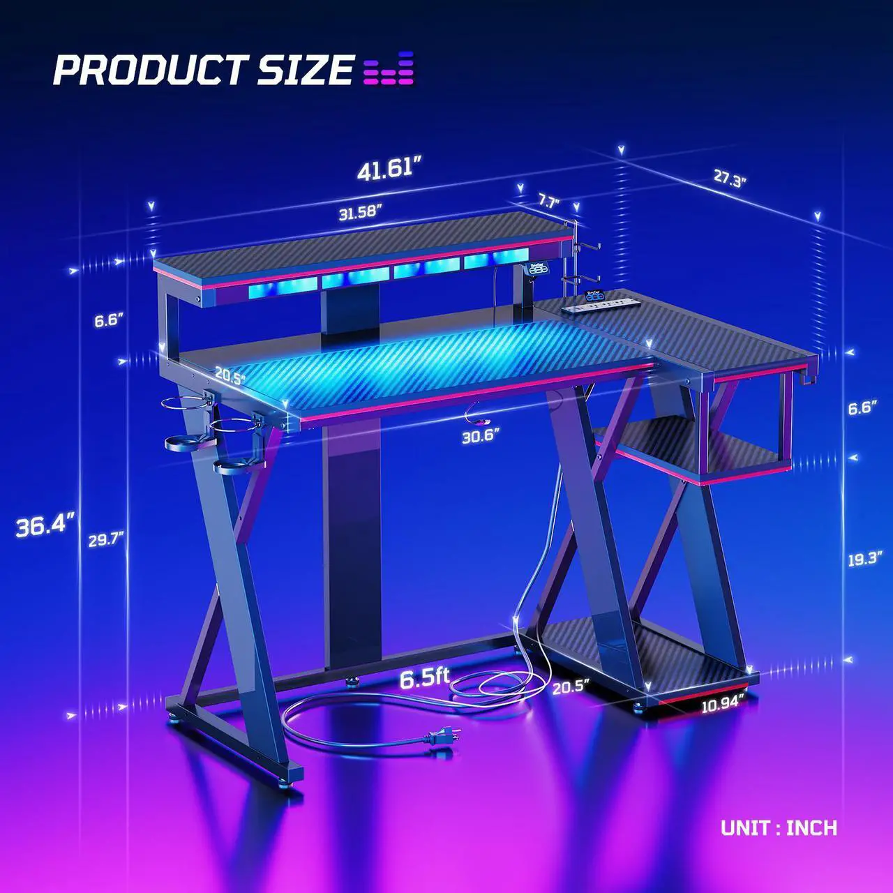 Alt view image 3 of 7 - Bestier 41.6 L Shaped Gaming Desk with LED Monitor Stand and Power Outlet,Headphone Hooks and Cup Holder,Black