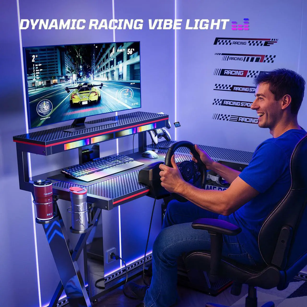 Alt view image 4 of 7 - Bestier 41.6 L Shaped Gaming Desk with LED Monitor Stand and Power Outlet,Headphone Hooks and Cup Holder,Black