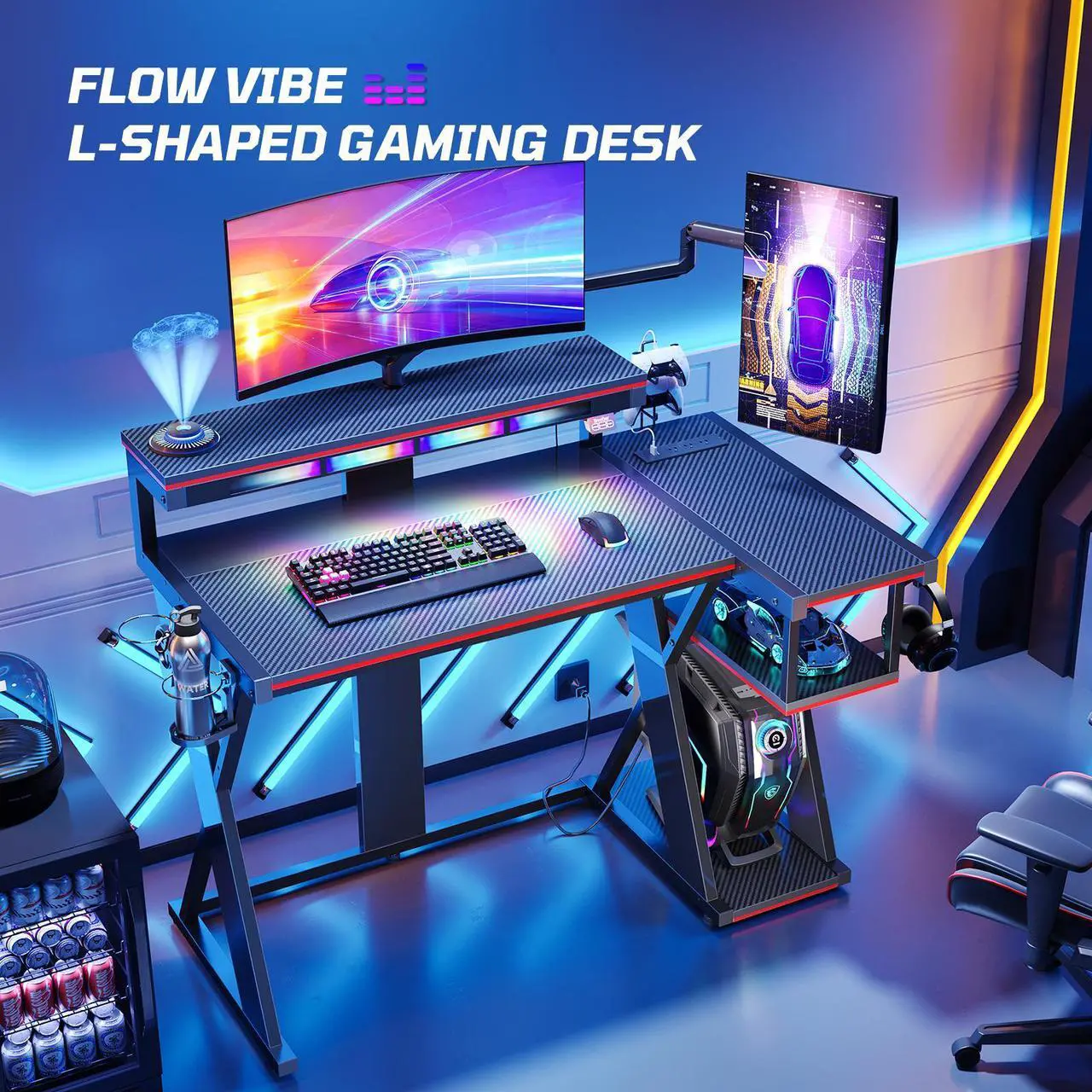 Main image of Bestier 41.6 L Shaped Gaming Desk with LED Monitor Stand and Power Outlet,Headphone Hooks and Cup Holder,Black