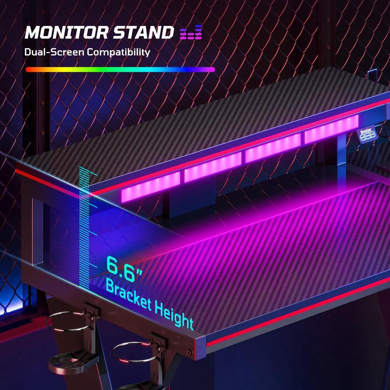 Alt view image 5 of 7 - Bestier 41.6 L Shaped Gaming Desk with LED Monitor Stand and Power Outlet,Headphone Hooks and Cup Holder,Black
