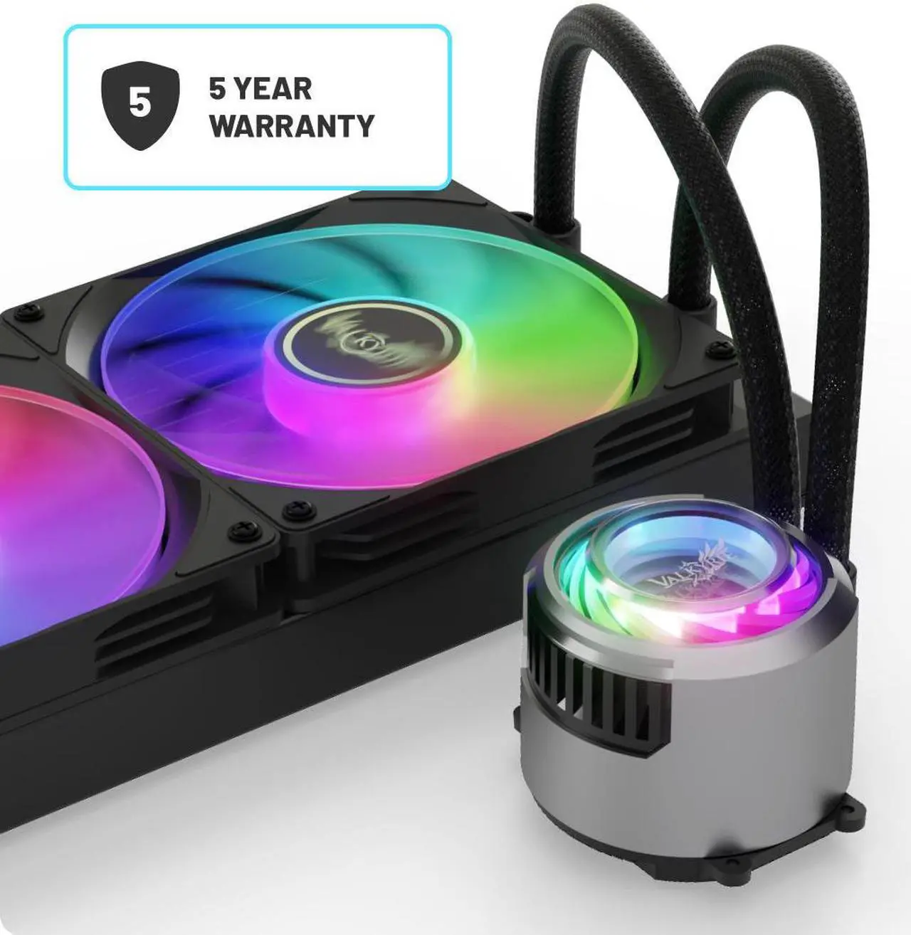 Alt view image 2 of 7 - Valkyrie Jarn 360 Black - AIO CPU Liquid Cooler - ARGB LEDs - 3x Fluid Dynamic Bearing 120mm Fans - 5 Year Warranty - 360mm Radiator, Compatible with AM4/AM5, AMD Ryzen 5 5600, 5800x3d, LGA1700/1200