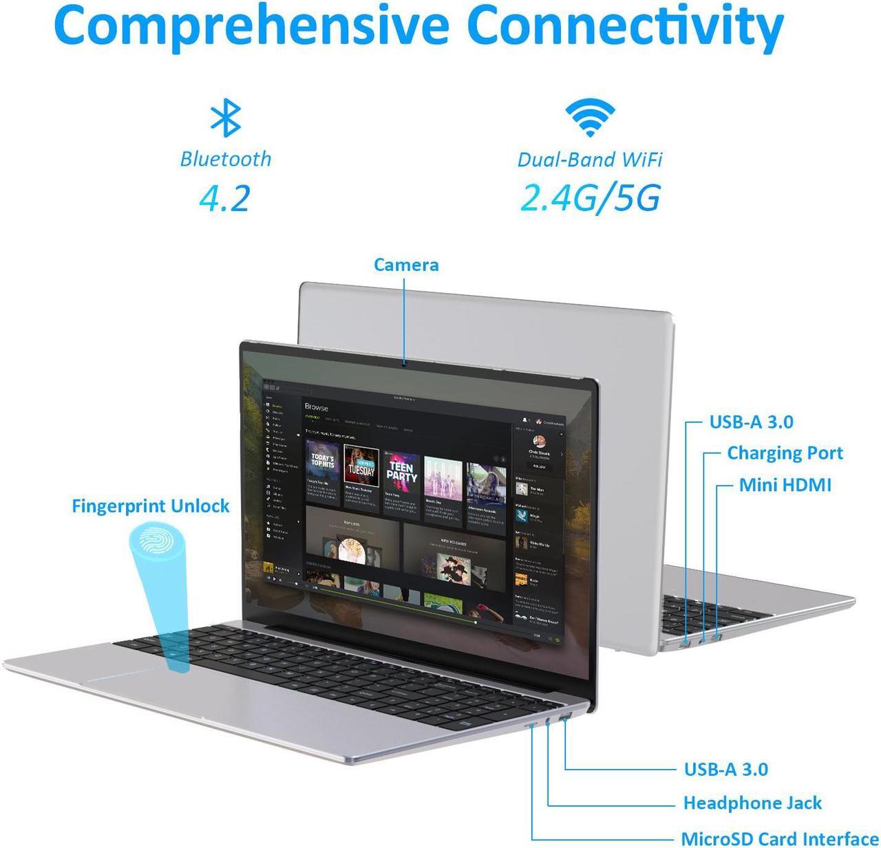 Alt view image 8 of 7 - Auusda Business Laptop, 32GB RAM 1TB SSD, Windows 11 Pro Computers, 15.6" 1920 x 1080 Screen, Intel N95 CPU, Backlight Keyboard, Fingerprint Reader, Mini HDMI, USB-A, Silver