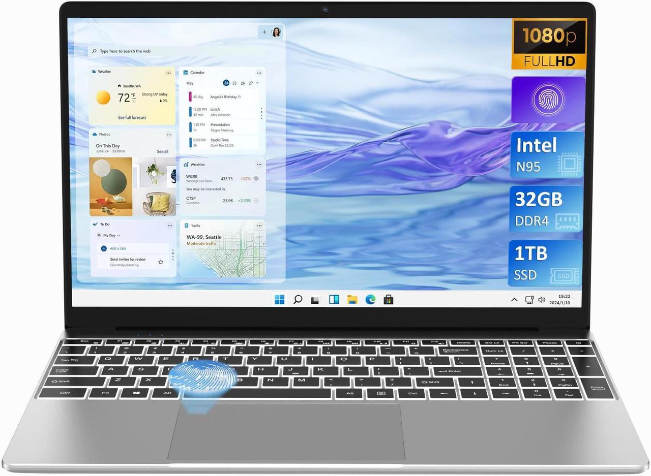 Alt view image 3 of 7 - Auusda Business Laptop, 32GB RAM 1TB SSD, Windows 11 Pro Computers, 15.6" 1920 x 1080 Screen, Intel N95 CPU, Backlight Keyboard, Fingerprint Reader, Mini HDMI, USB-A, Silver