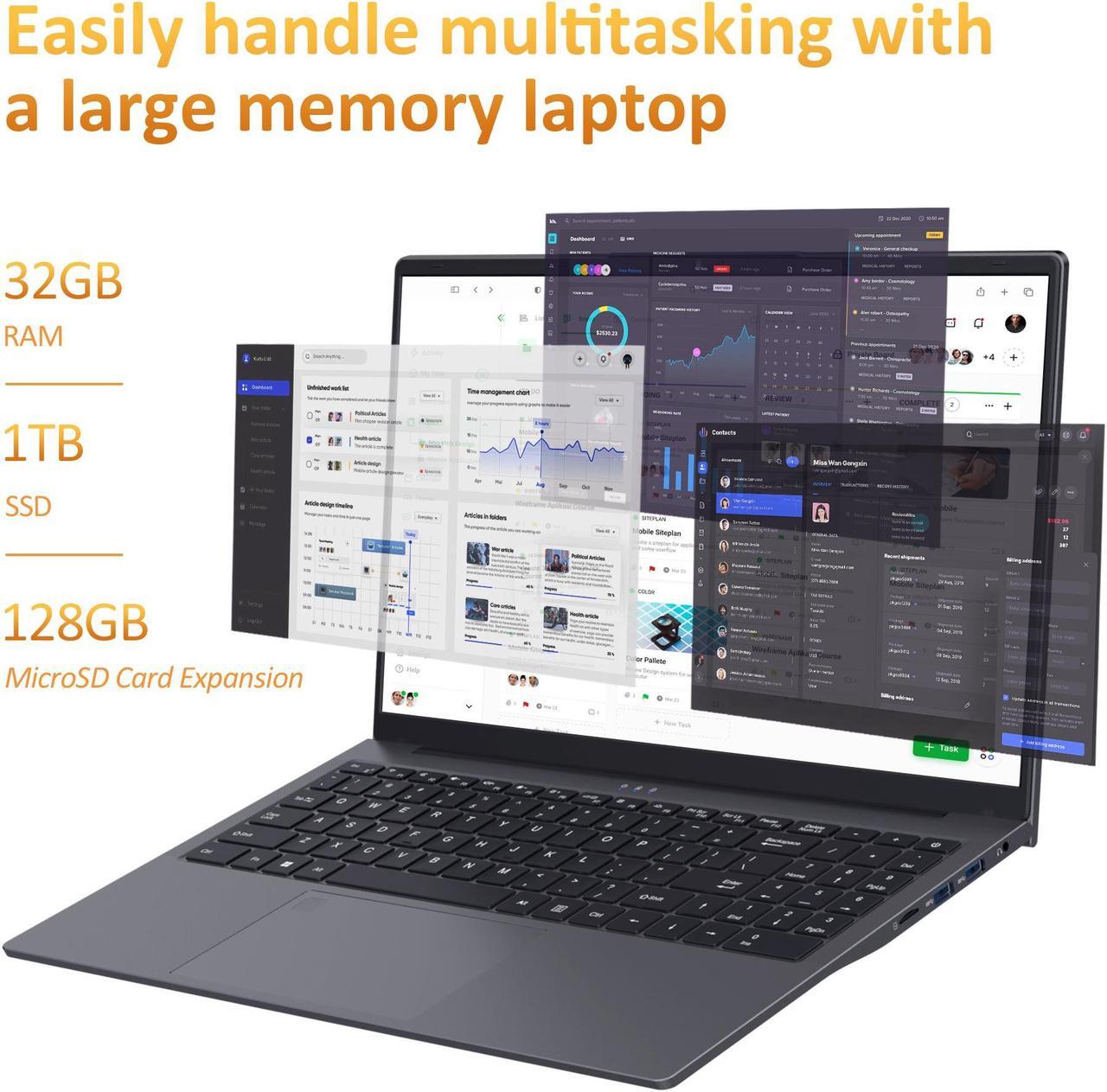 Alt view image 4 of 7 - Auusda 15.6" Gaming Laptop AMD Ryzen 7 5825U 2.0-4.5GHz, 32GB DDR4 RAM, 1TB NVME SSD, Windows 11 Pro Laptop Computer, Dual Channel SODIMM*2, Slot*2, Backlit, Fingerprint, Webcam Switch, Gray