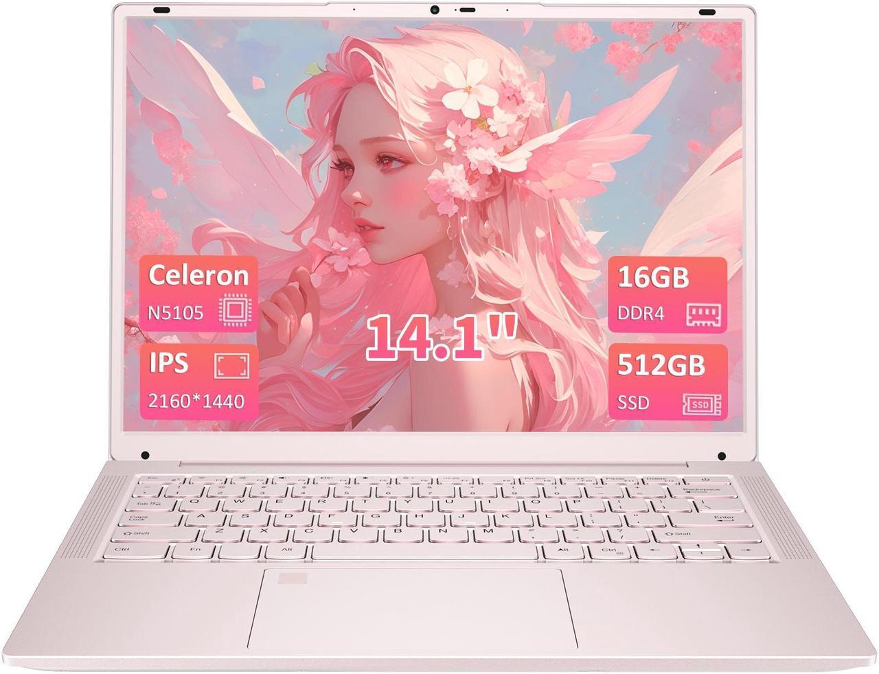 Main image of Auusda 14.1" Windows 11 Pro Laptop, 16GB RAM 512GB SSD, Intel Celeron N5105 CPU Home Computer, 2K Display Screen, Backlight, Fingerprint, Webcam Switch, Type-C, Pink