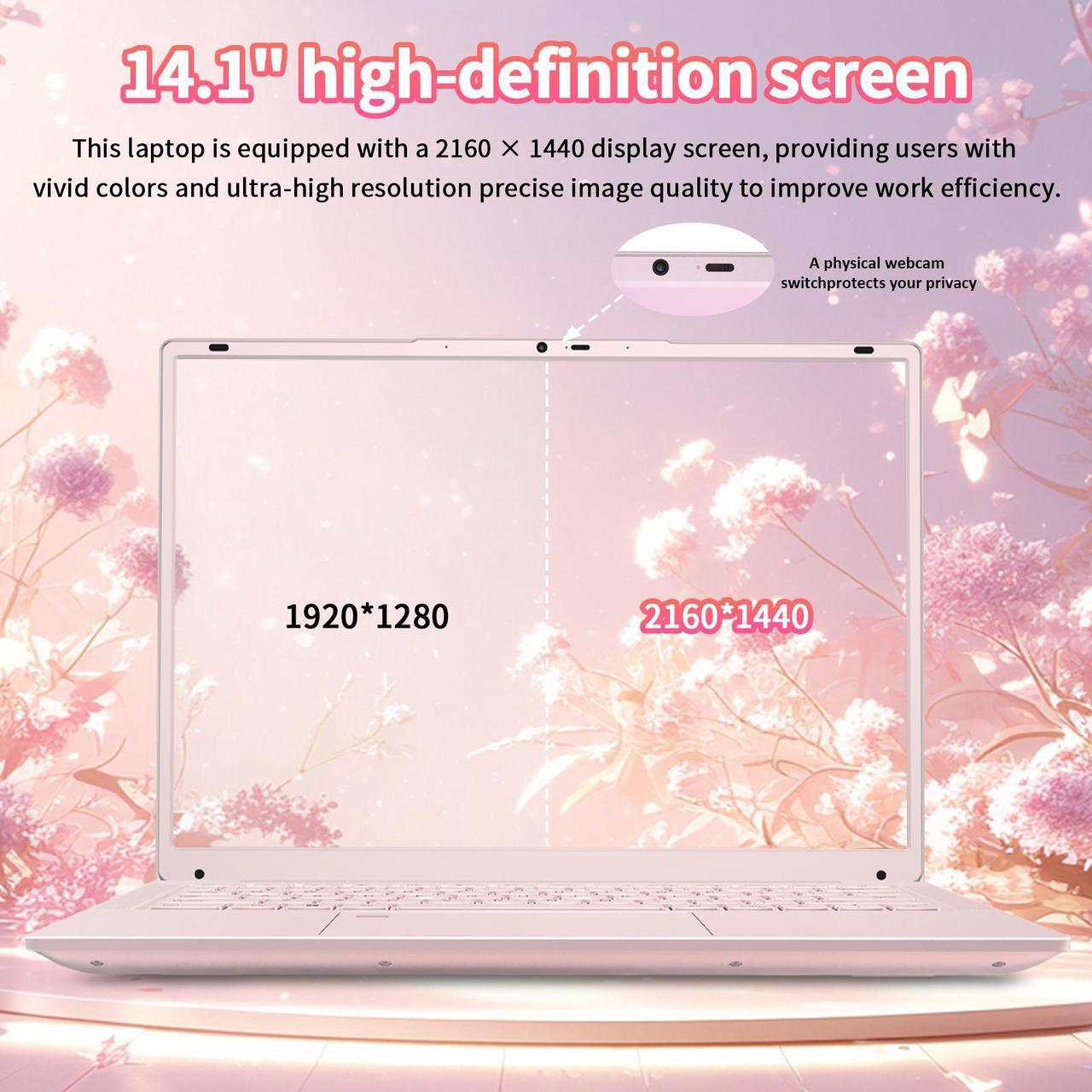 Alt view image 2 of 6 - Auusda 14.1" Windows 11 Pro Laptop, 16GB RAM 512GB SSD, Intel Celeron N5105 CPU Home Computer, 2K Display Screen, Backlight, Fingerprint, Webcam Switch, Type-C, Pink