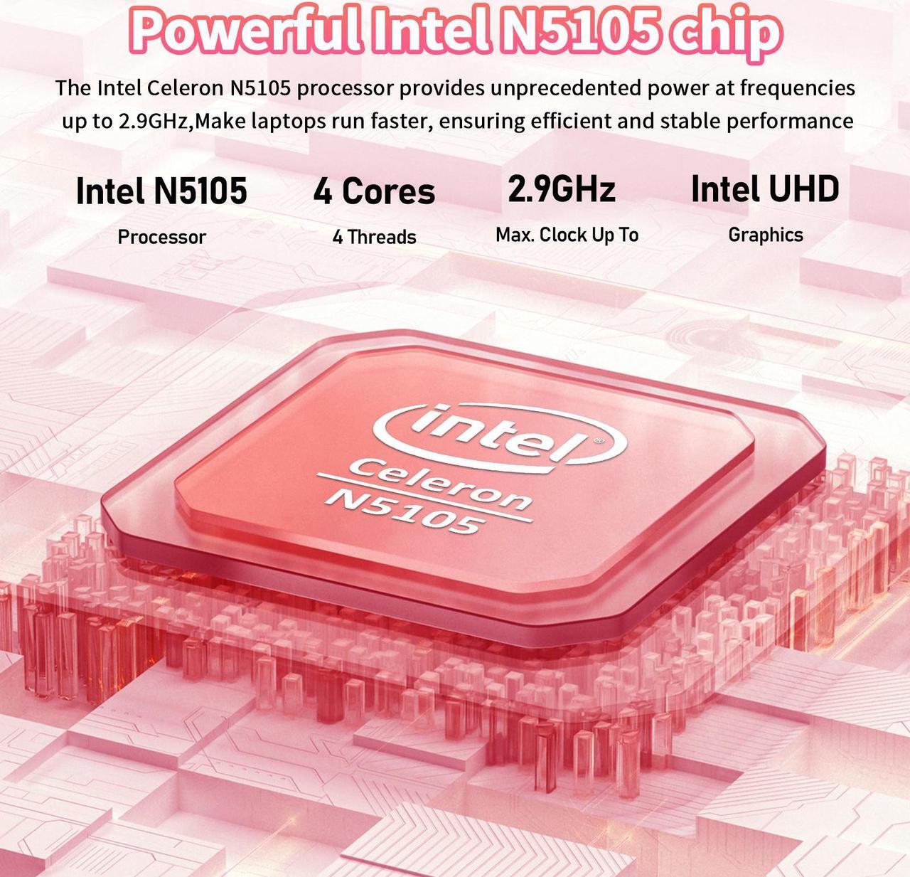 Alt view image 4 of 6 - Auusda 14.1" Windows 11 Pro Laptop, 16GB RAM 512GB SSD, Intel Celeron N5105 CPU Home Computer, 2K Display Screen, Backlight, Fingerprint, Webcam Switch, Type-C, Pink