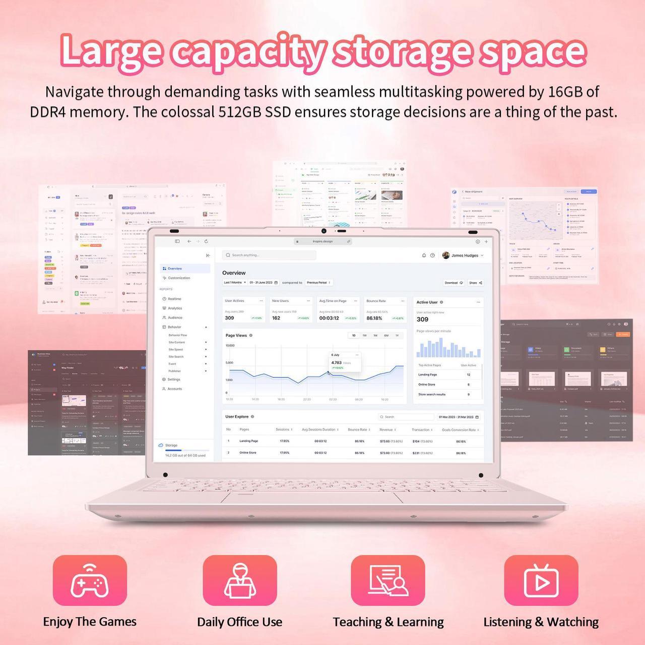 Alt view image 3 of 6 - Auusda 14.1" Windows 11 Pro Laptop, 16GB RAM 512GB SSD, Intel Celeron N5105 CPU Home Computer, 2K Display Screen, Backlight, Fingerprint, Webcam Switch, Type-C, Pink