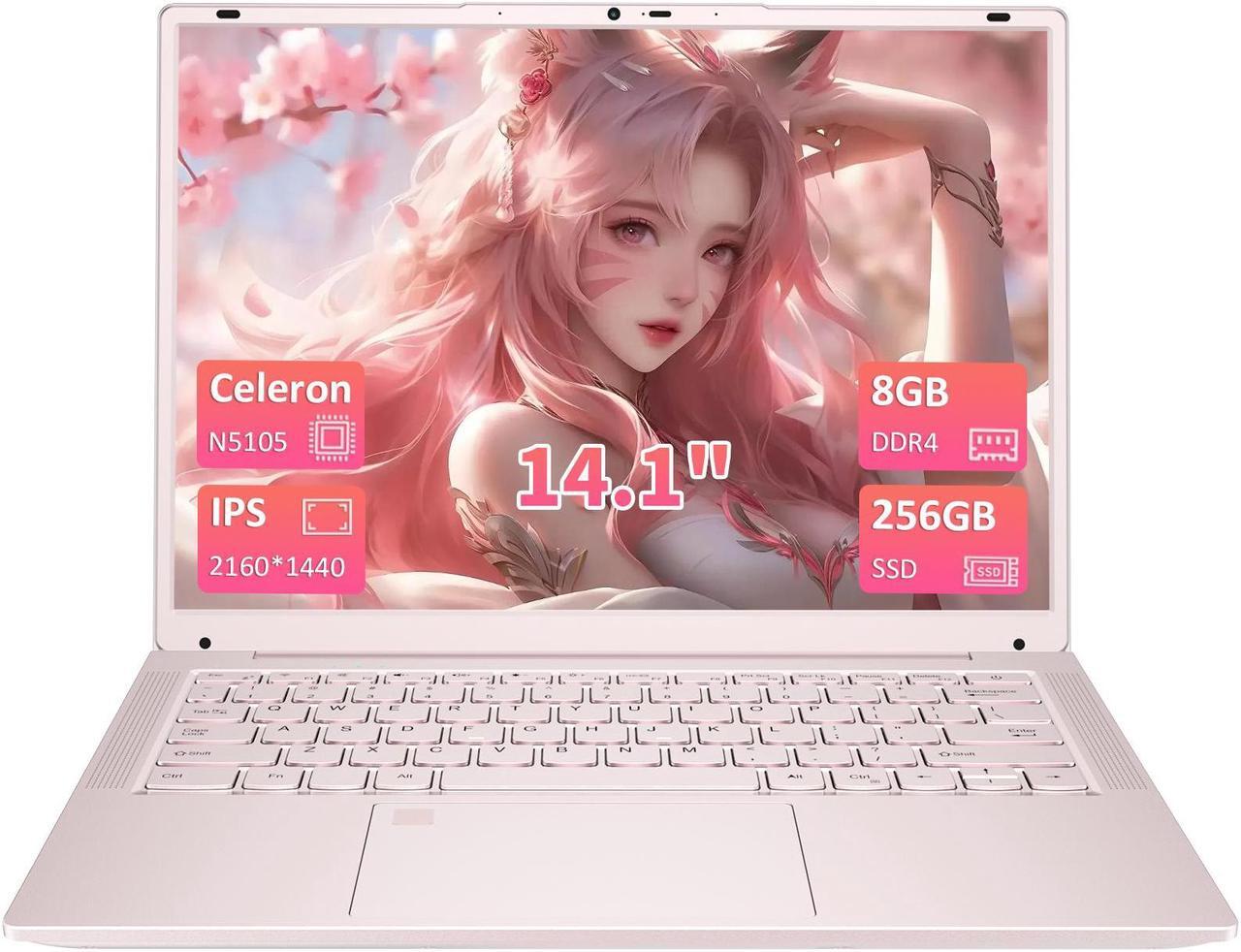 Main image of Auusda 14.1" Windows 11 Pro Laptop, 8GB RAM 256GB SSD, Intel Celeron N5105 CPU Home Computer, 2K Display Screen, Backlight, Fingerprint, Webcam Switch, Type-C, Pink