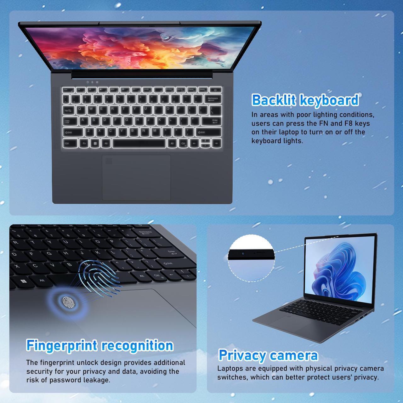Alt view image 4 of 7 - Auusda 14.1" Windows 11 Pro Laptop, 16GB RAM 512GB SSD, Intel Celeron N5105 CPU Home Computer, 2K Display Screen, Backlight, Fingerprint, Webcam Switch, 3×USB, Type-C, Gray