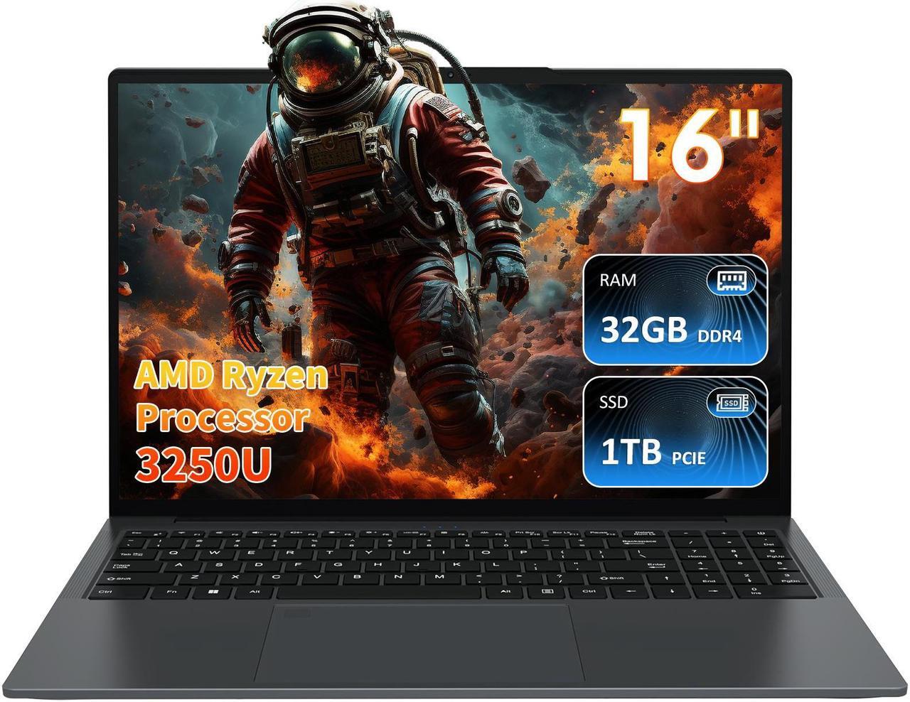 Main image of Auusda 16" Business Laptop, Windows 11 Pro Laptop Computer, AMD Ryzen 3250U, 32GB RAM 1TB SSD, Backlight Keyboard, Fingerprint Reader, Webcam Switchprotect, USB-C, Gray