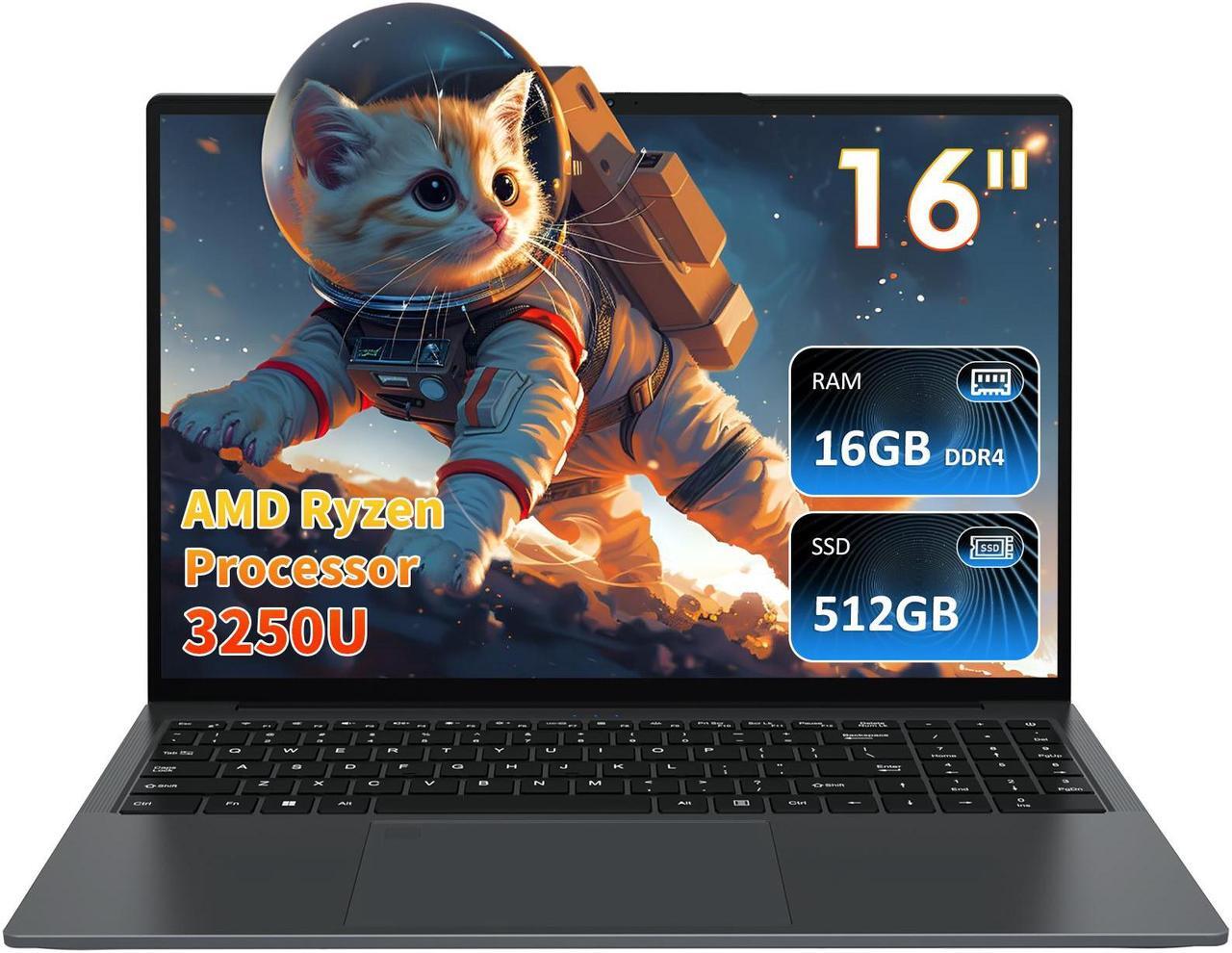 Main image of Auusda 16" Business Laptop, Windows 11 Pro Laptop Computer, AMD Ryzen 3250U, 16GB RAM 512GB SSD, Backlight Keyboard, Fingerprint Reader, Webcam Switchprotect, USB-C, Gray
