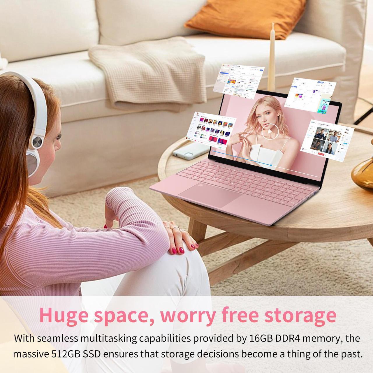 Alt view image 7 of 7 - Auusda 15.6" Laptop Computer w/16GB RAM 512GB SSD, Intel N95 2.0-3.4 GHz, Windows 11 Pro Notebook, Backlit Keyboard, Fingerprint Unlock, Pink