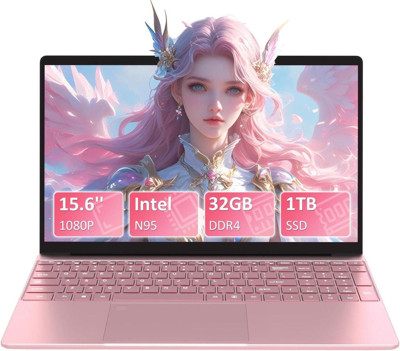 Main image of Auusda Business Laptop, 32GB RAM 1TB SSD, Windows 11 Pro Home Computer, 15.6" 1920 x 1080 Screen, Intel N95 CPU, Backlight Keyboard, Fingerprint Reader, Pink
