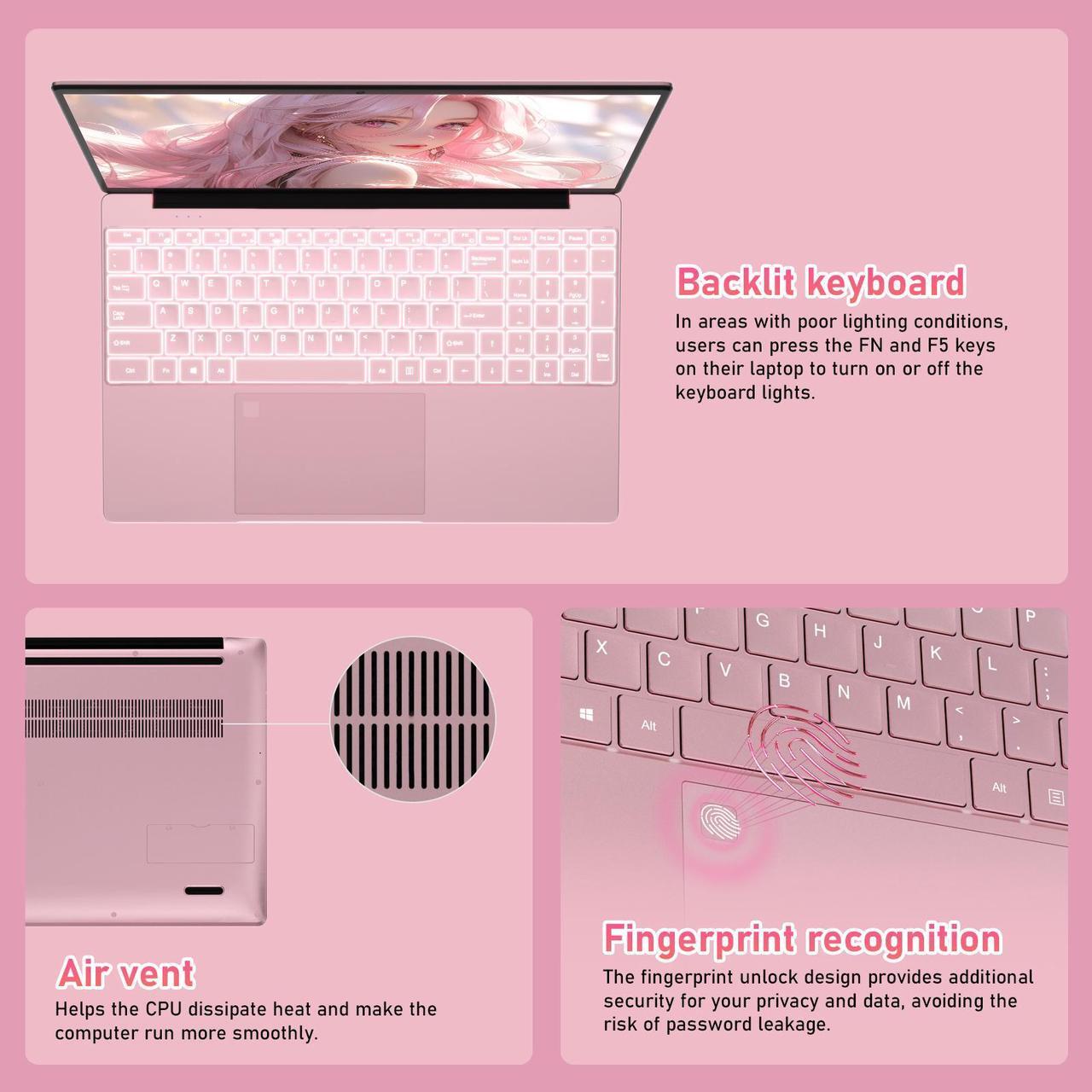 Alt view image 4 of 7 - Auusda Business Laptop, 32GB RAM 1TB SSD, Windows 11 Pro Home Computer, 15.6" 1920 x 1080 Screen, Intel N95 CPU, Backlight Keyboard, Fingerprint Reader, Pink