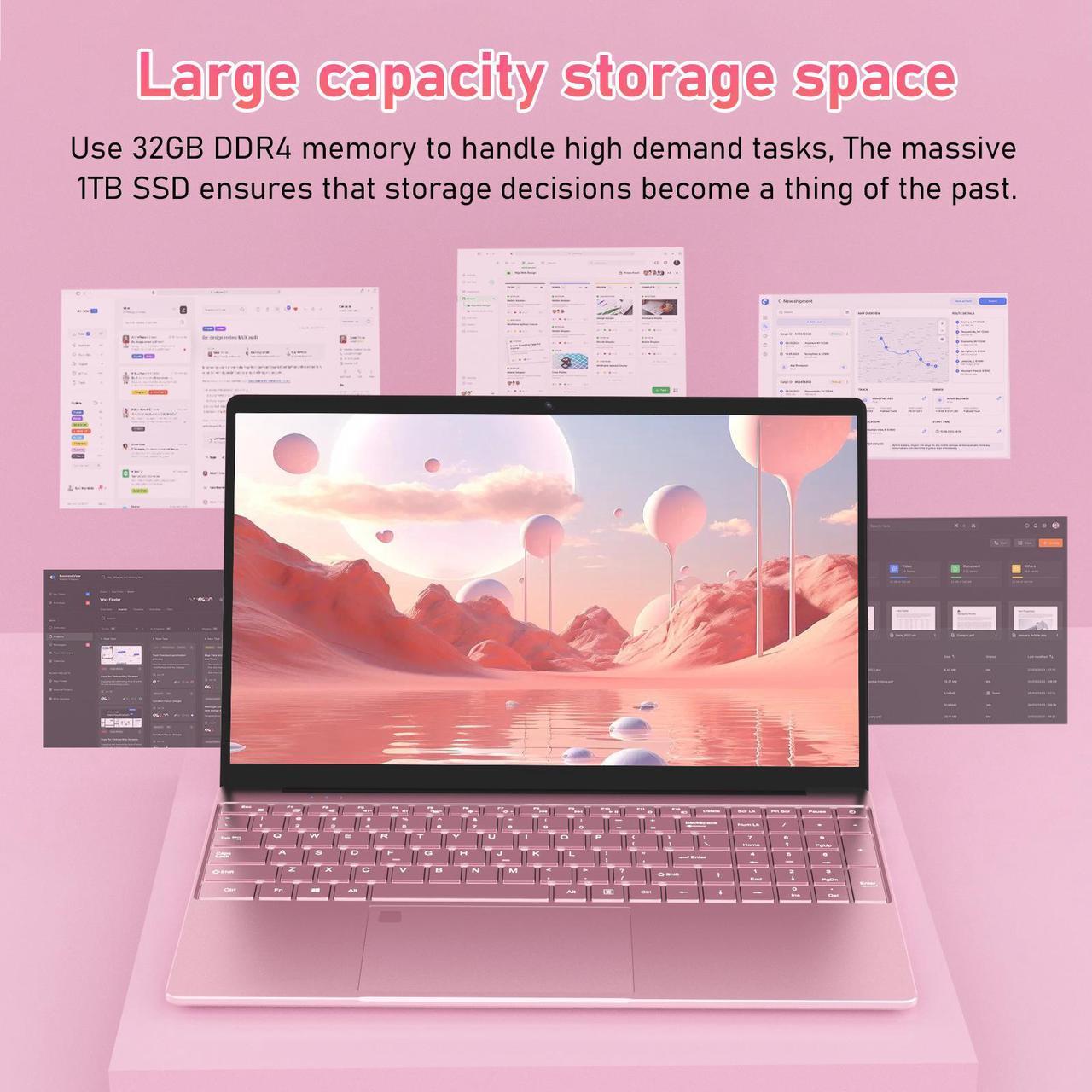 Alt view image 5 of 7 - Auusda Business Laptop, 32GB RAM 1TB SSD, Windows 11 Pro Home Computer, 15.6" 1920 x 1080 Screen, Intel N95 CPU, Backlight Keyboard, Fingerprint Reader, Pink