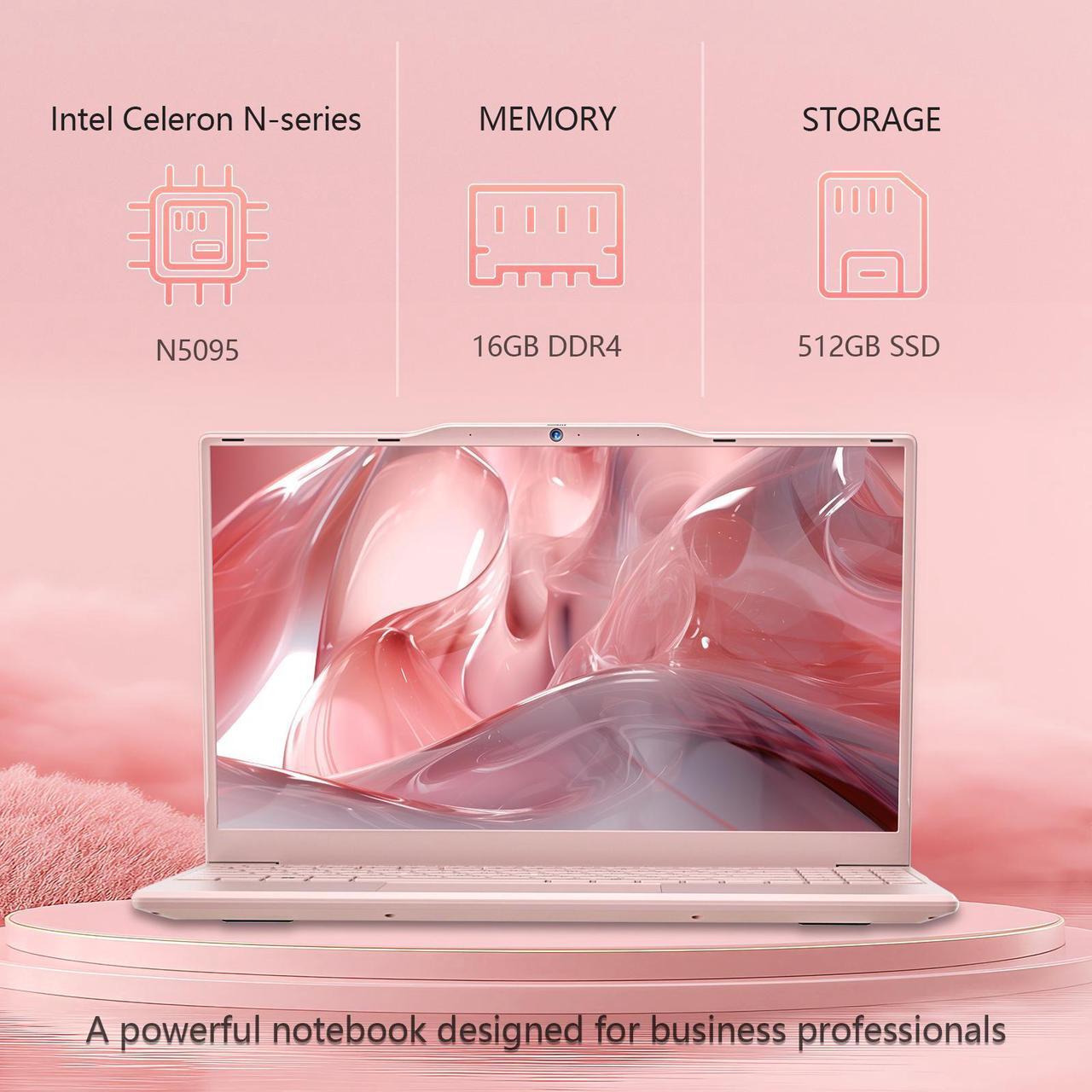 Alt view image 3 of 7 - Auusda 14.1" Windows 11 Pro Laptop, 16GB RAM 512GB SSD, Intel Celeron N5095 CPU Home Computer, Webcam Switch, Pink