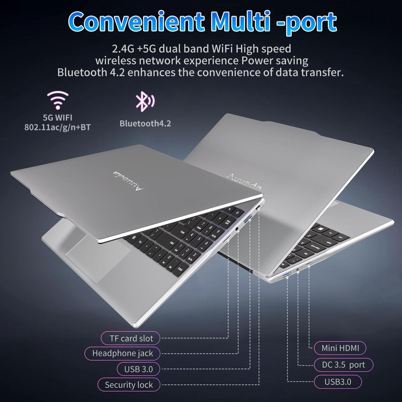Alt view image 4 of 7 - Auusda 14.1" Windows 11 Pro Home Laptop, 8GB RAM 512GB SSD, Intel Celeron N5095 Computer, 1080p Screen, Silver