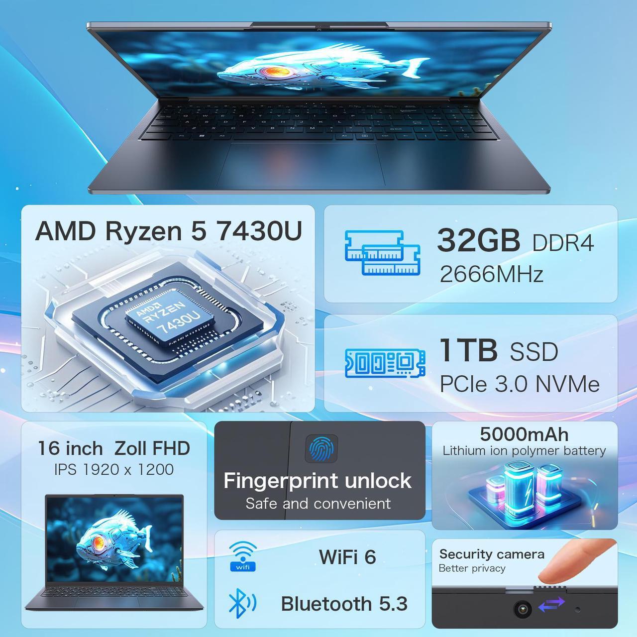Alt view image 5 of 7 - Auusda 16" Business Laptop, Windows 11 Pro Laptop Computer, AMD Ryzen 7430U, 32GB RAM 1TB SSD, Backlight, Fingerprint, Gray