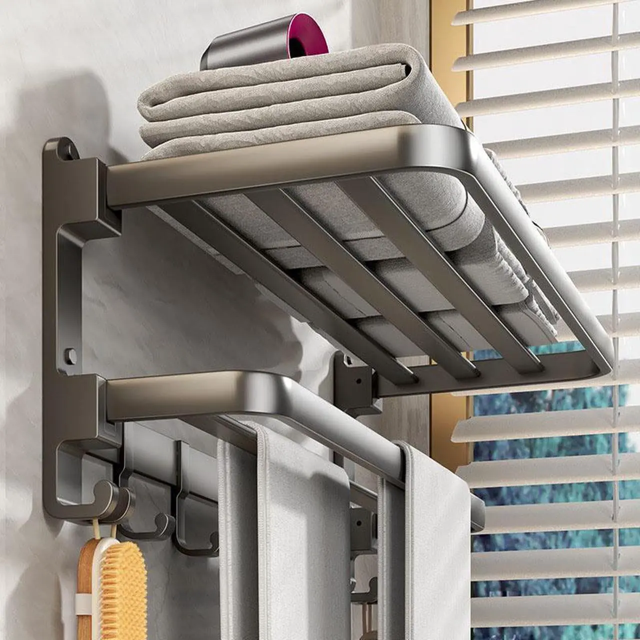 Alt view image 2 of 5 - Bathroom towel rack, punch-free storage rack, double layer