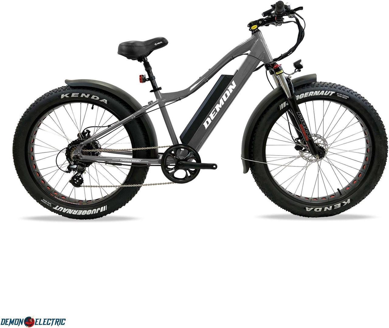 Demon Electric Thunderbolt SL 500W 26-in Fat-Tire Electric Bike, 50-60km Battery Range (16.75Ah), Front Suspension, TEKTRO Hydraulic Brakes, SHIMANO 7 Speed Gear - Silver