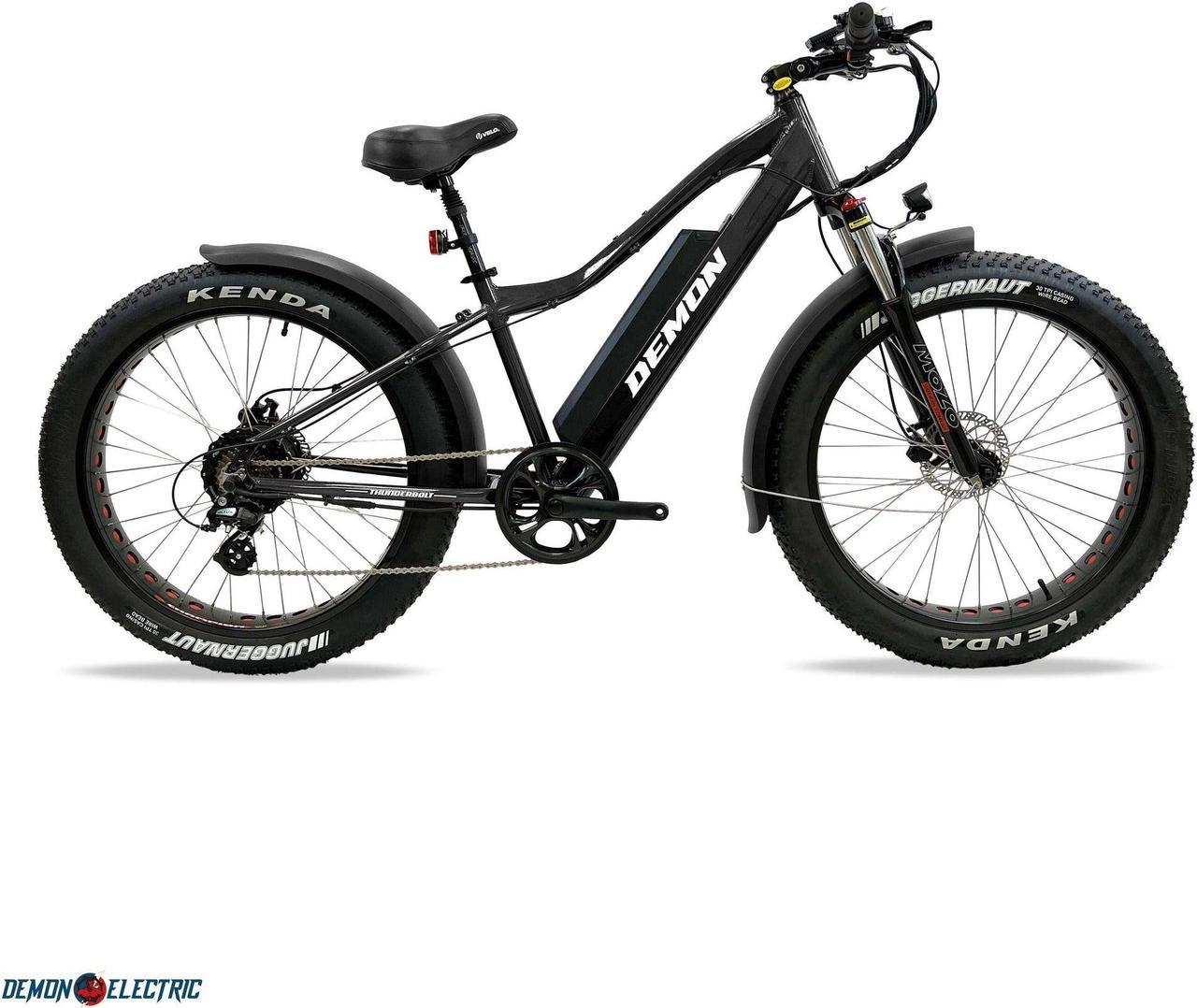 Demon Electric Thunderbolt SL 500W 26-in Fat-Tire Electric Bike, 50-60km Battery Range (16.75Ah), Front Suspension, TEKTRO Hydraulic Brakes, SHIMANO 7 Speed Gear - Black