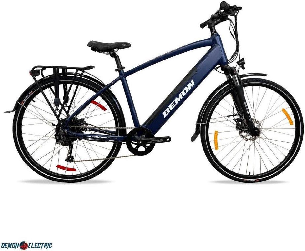 Demon Electric Phantom 350W 27.5-in Touring Commuter Electric Bike, 60-70km Battery Range (14.5Ah), TEKTRO Hydraulic Brakes, SHIMANO 9 Speed Gear, Cargo Rack - Navy Blue