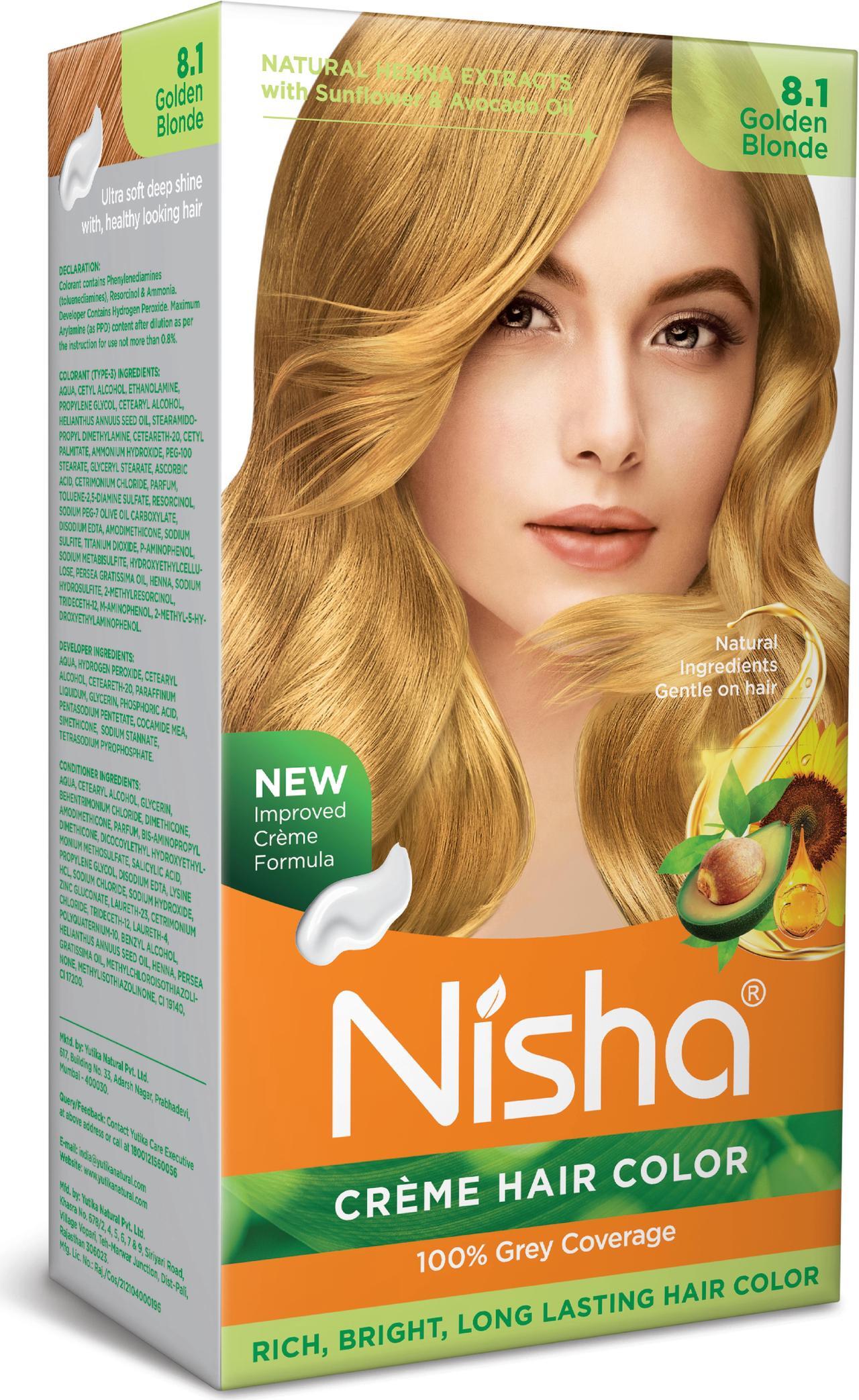Main image of Nisha Cream Hair Color Rich Bright Long Lasting Hair Colouring For Ultra Soft Deep Shine 100% Grey Coverage Conditioning With Natural Herbs 150gm Golden Blonde (Pack of 1)