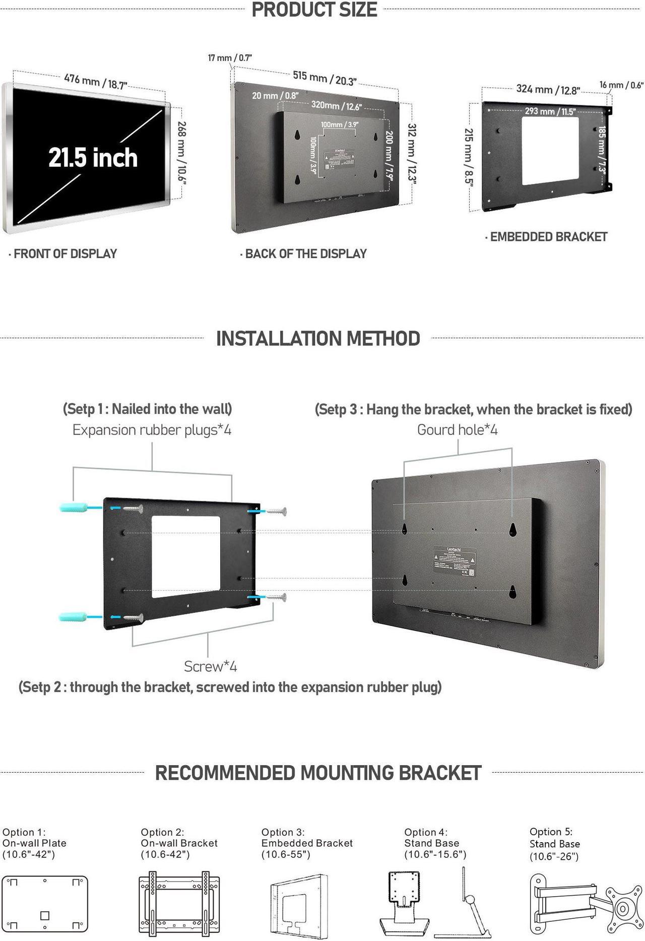 Alt view image 6 of 6 - Leotachi 21.5 inch Touch Screen Mirror IP66 Waterproof TV for Bathroom Shower - Support 360° Rotation, 500 nits High Brightness Full HD 1080P Built-in Android OS WiFi/LAN/USB/BT/HDMI(Black)