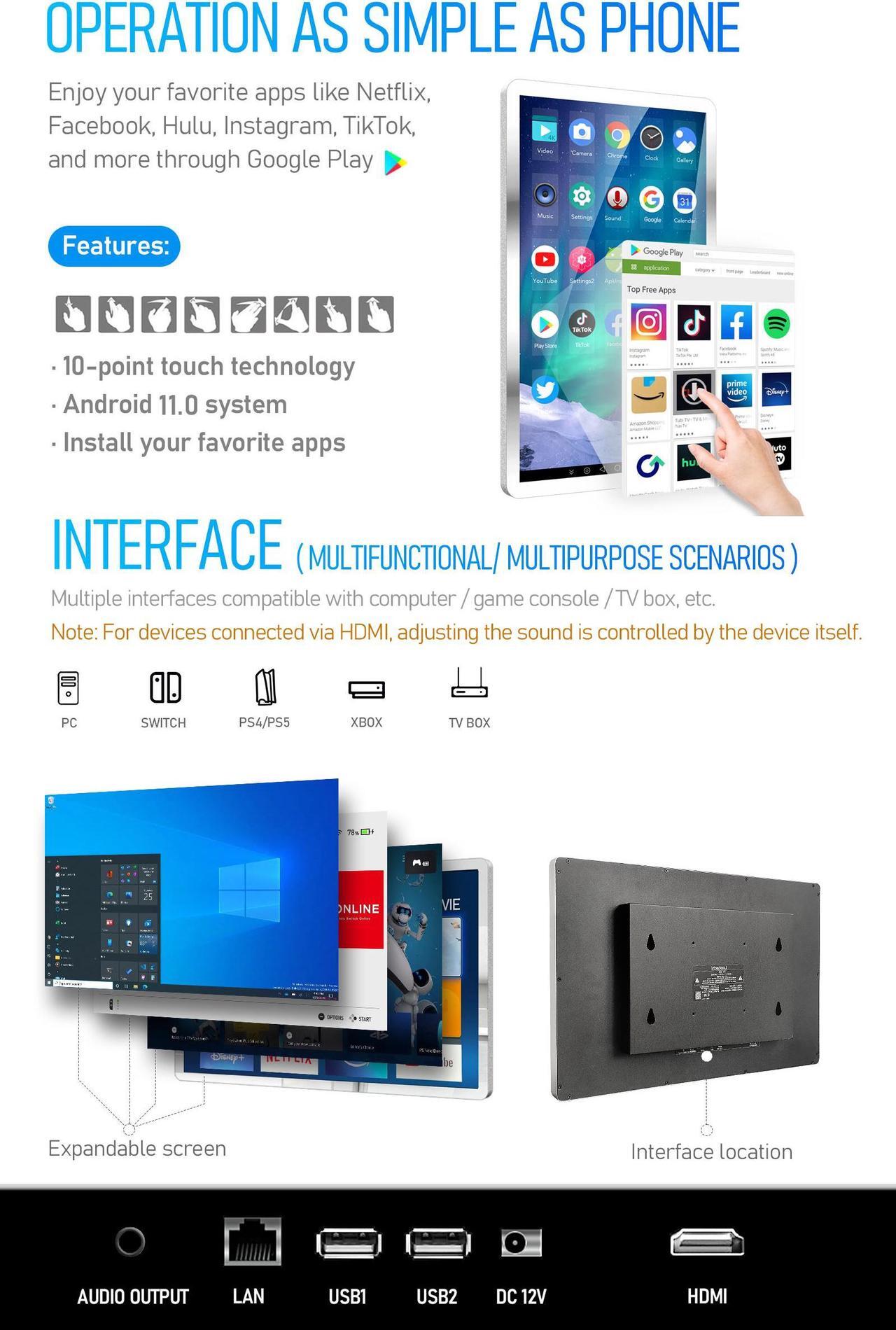Alt view image 4 of 6 - Leotachi 21.5 inch Touch Screen Mirror IP66 Waterproof TV for Bathroom Shower - Support 360° Rotation, 500 nits High Brightness Full HD 1080P Built-in Android OS WiFi/LAN/USB/BT/HDMI(Black)