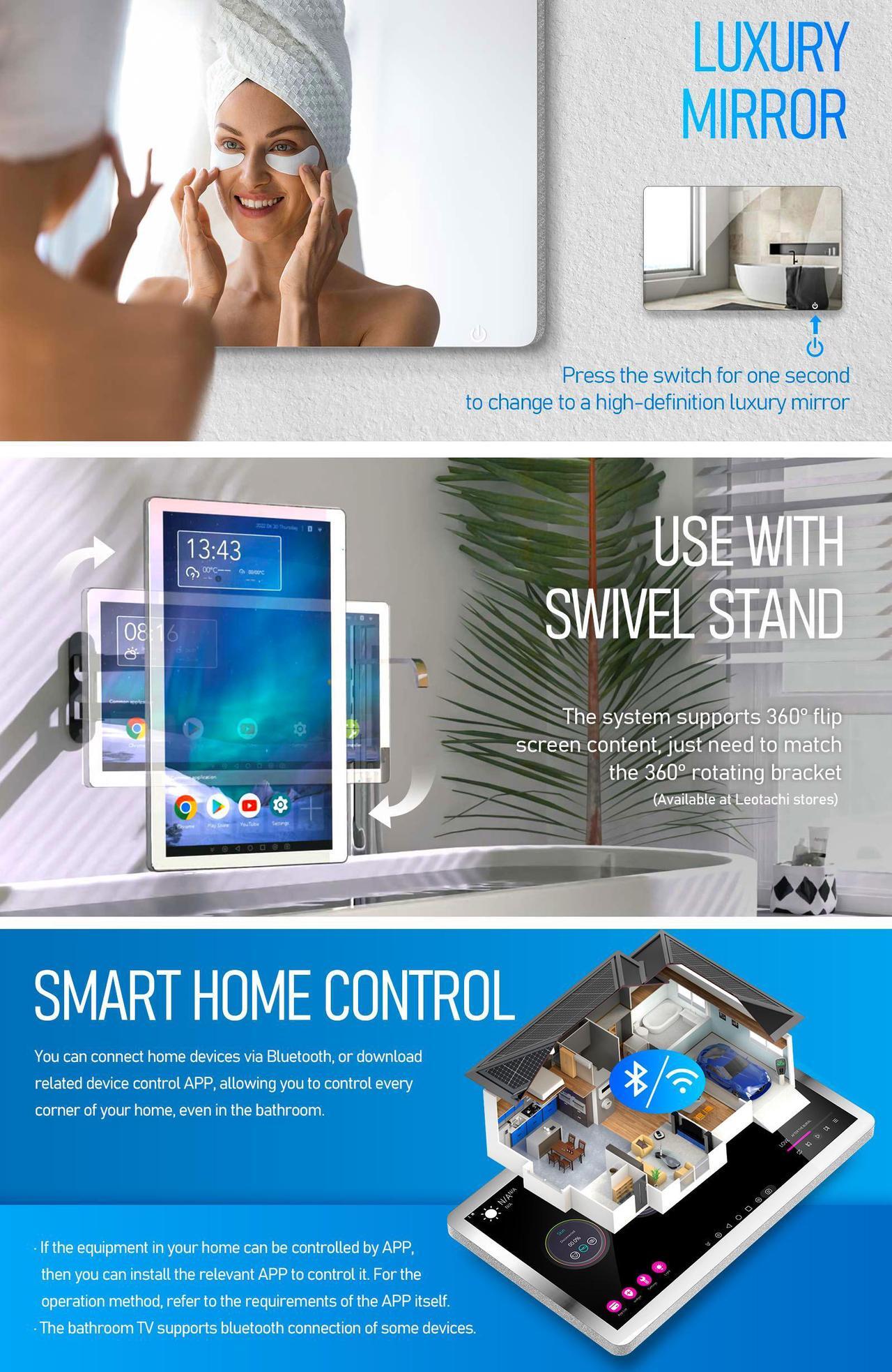 Alt view image 3 of 6 - Leotachi 21.5 inch Touch Screen Mirror IP66 Waterproof TV for Bathroom Shower - Support 360° Rotation, 500 nits High Brightness Full HD 1080P Built-in Android OS WiFi/LAN/USB/BT/HDMI(Black)