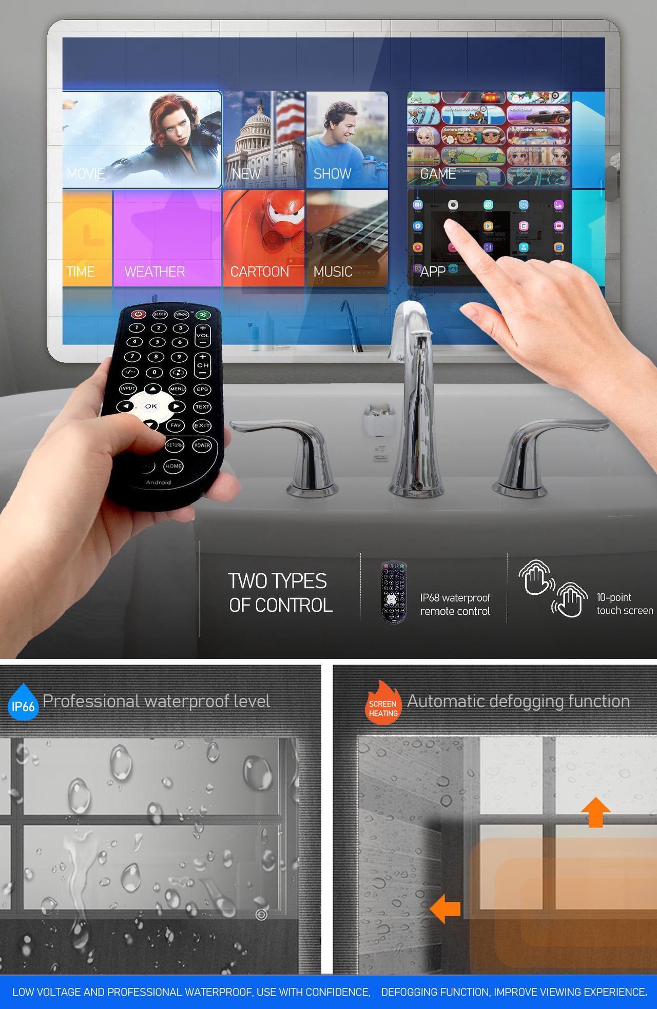 Alt view image 2 of 6 - Leotachi 21.5 inch Touch Screen Mirror IP66 Waterproof TV for Bathroom Shower - Support 360° Rotation, 500 nits High Brightness Full HD 1080P Built-in Android OS WiFi/LAN/USB/BT/HDMI(Black)