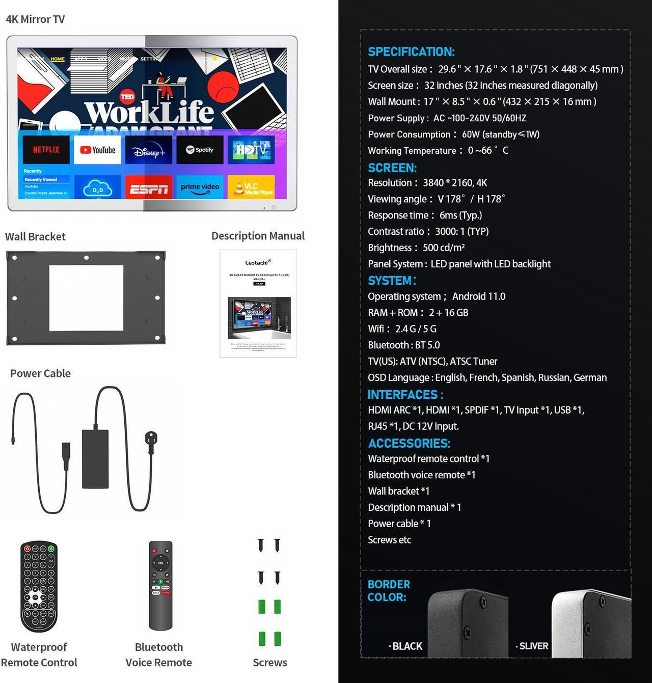 Alt view image 6 of 7 - Leotachi 4K Ultra HD 32-inch High-end Bathroom Mirror TV IP66 Waterproof Android TV Supports Voice Remote Control Google Assistant, Built-in ATSC Tuner, HDMI (ARC), SPDIF (Black)